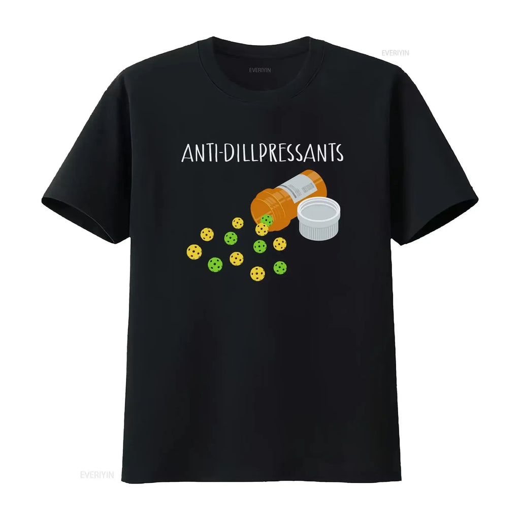 Anti-Dillpressants Pickleball Tee featuring a playful design with a pill bottle and pickleballs on a black shirt.