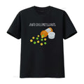 Anti-Dillpressants Pickleball Tee featuring a playful design with a pill bottle and pickleballs on a black shirt.